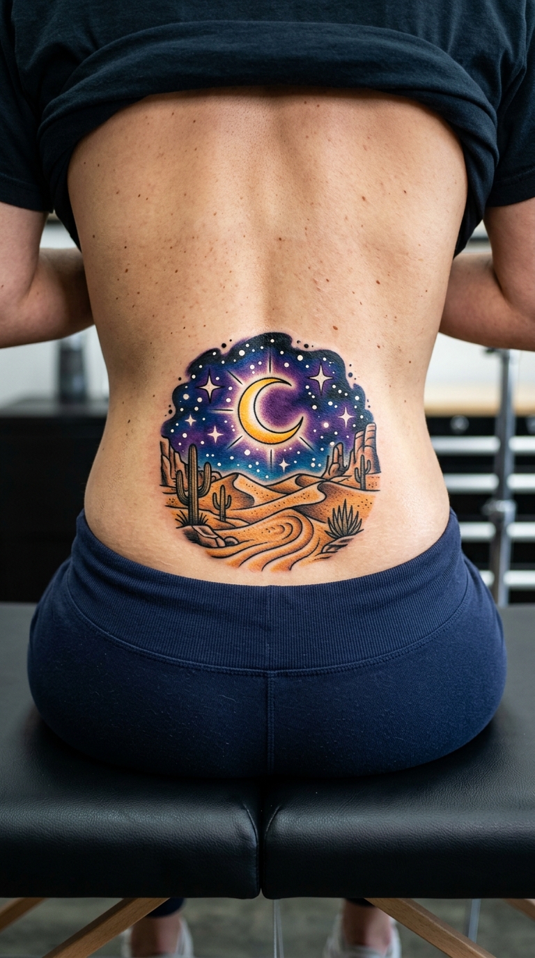 Wüstendünen bei Nacht als Oldschool und Newschool Tattoo für das Steißbein