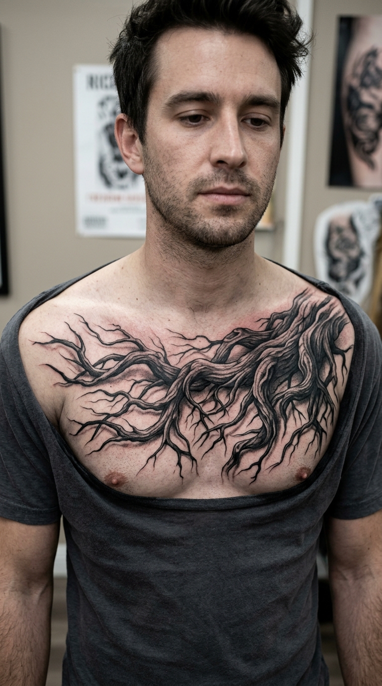 Wurzelwerk als 3D Tattoo für die Brust & Oberkörper