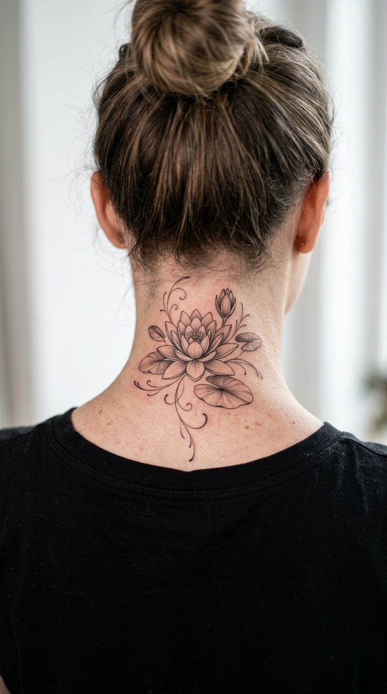 Zarte Seerose als florales Tattoo für den Nacken