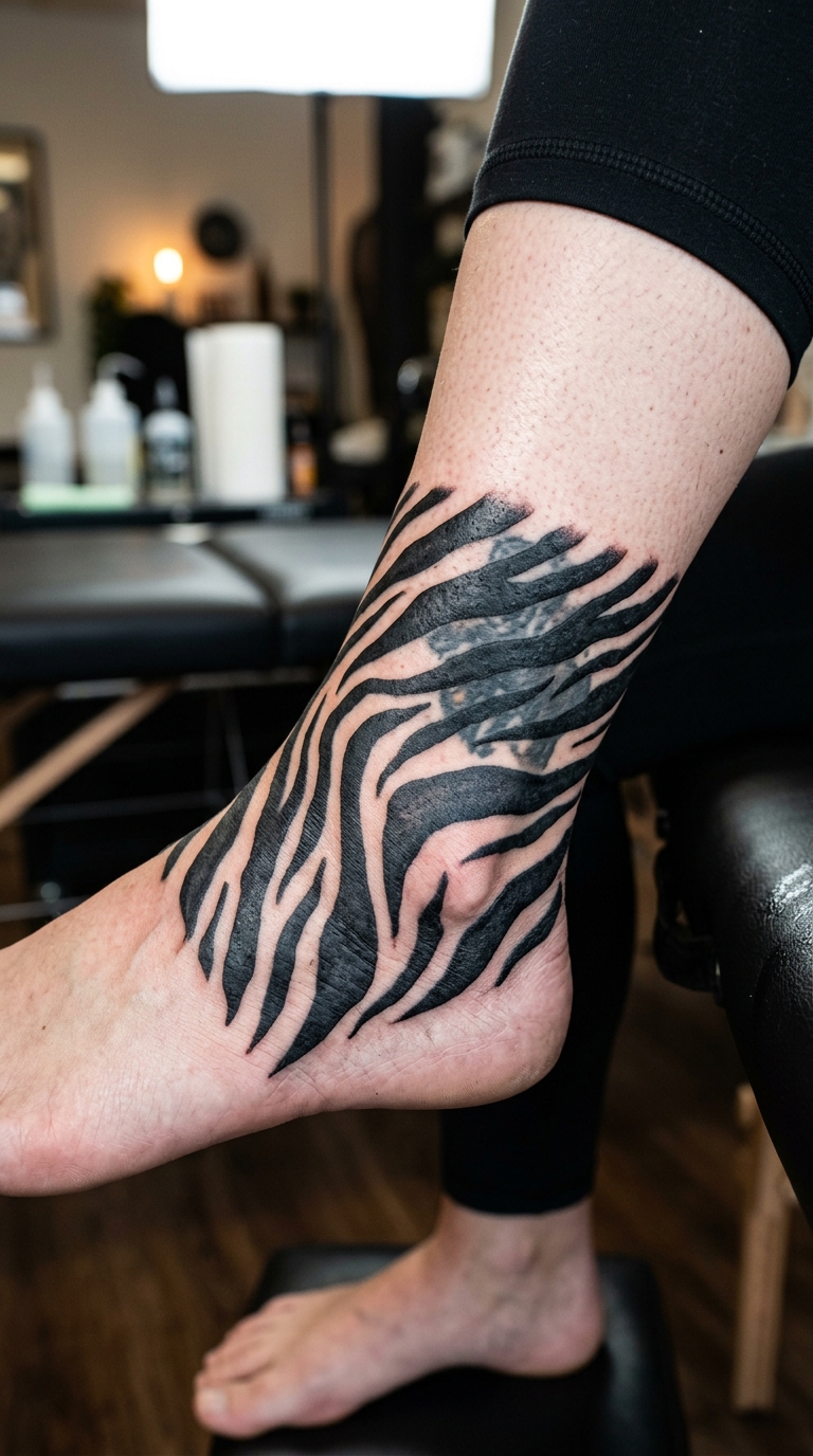 Zebra als Cover up Tattoo Idee für den Knöchel