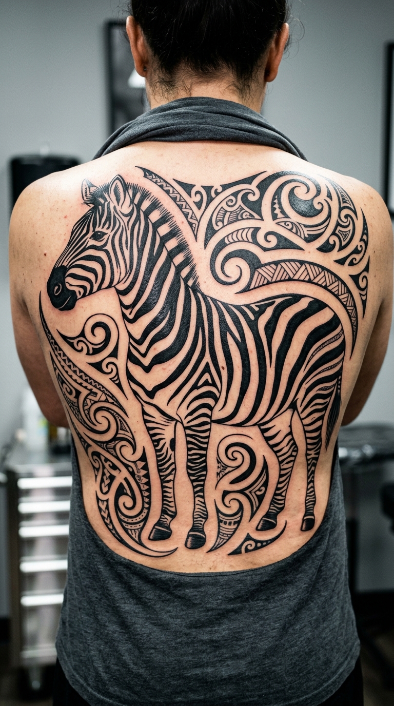 Zebra als Maori Tattoo Idee für den Rücken