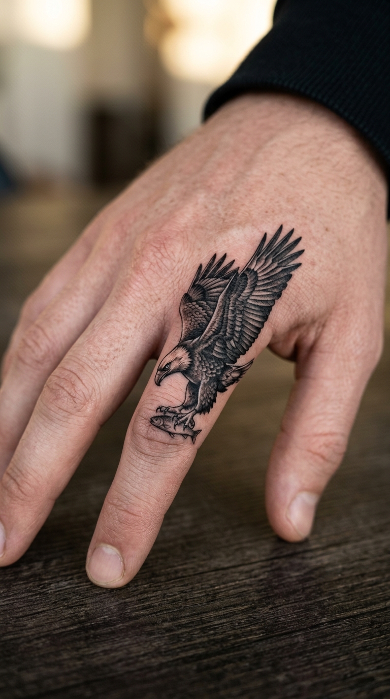 Adler im Sturzflug als 3D Tattoo für den Finger