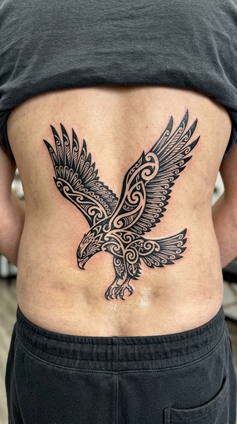 Adler im Sturzflug als Maori Tattoo Idee für das Steißbein