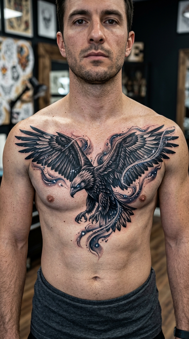 Adler im Sturzflug als mystisches Fantasy Tattoo für Brust & Oberkörper