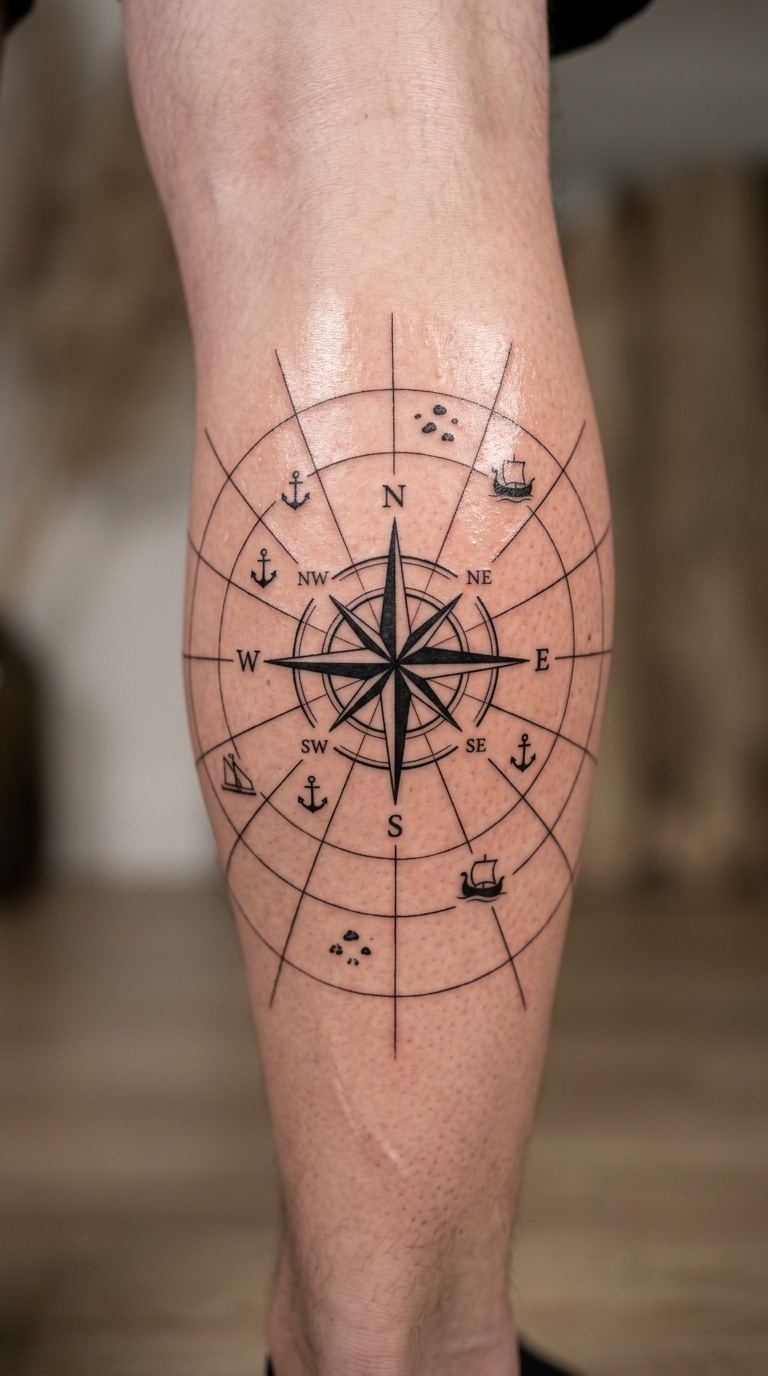 Alte Seekarte als grafisches Zeichen Tattoo für das Bein