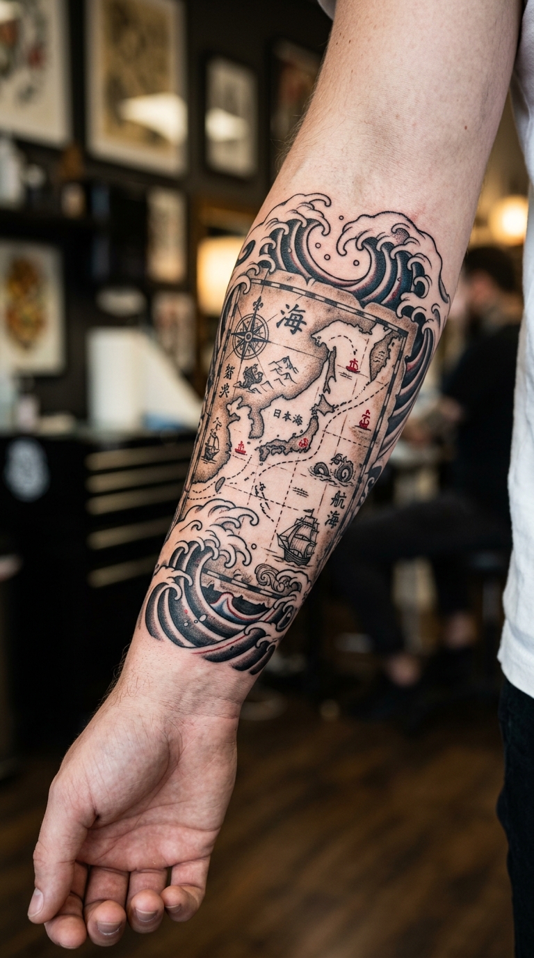 Alte Seekarte als japanisches Tattoo für den Arm