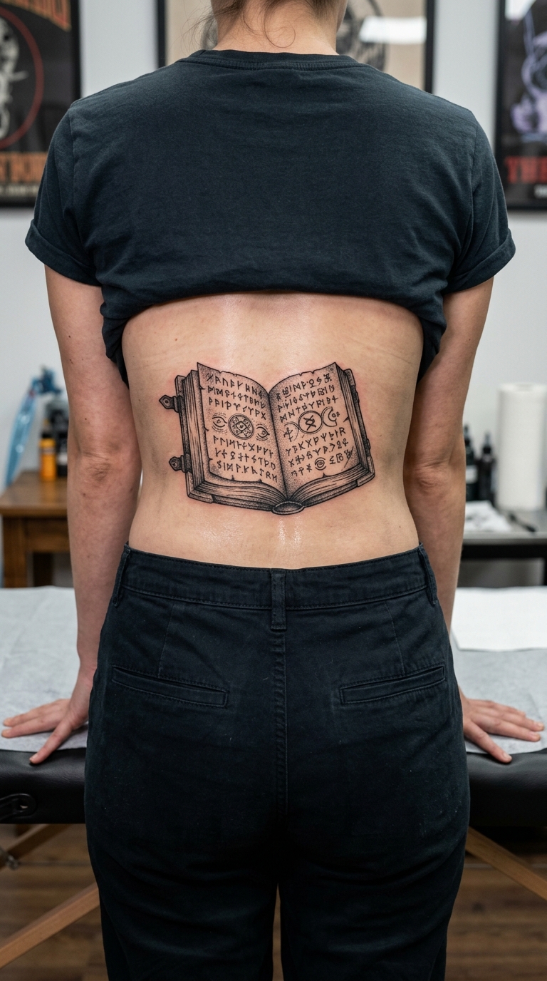 Altes Buch mit mystischen Runen als Zeichen Tattoo für das Steißbein