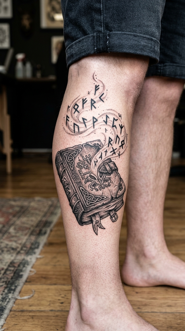 Altes Buch mit Runen als Wikinger und Celtic Tattoo für das Bein