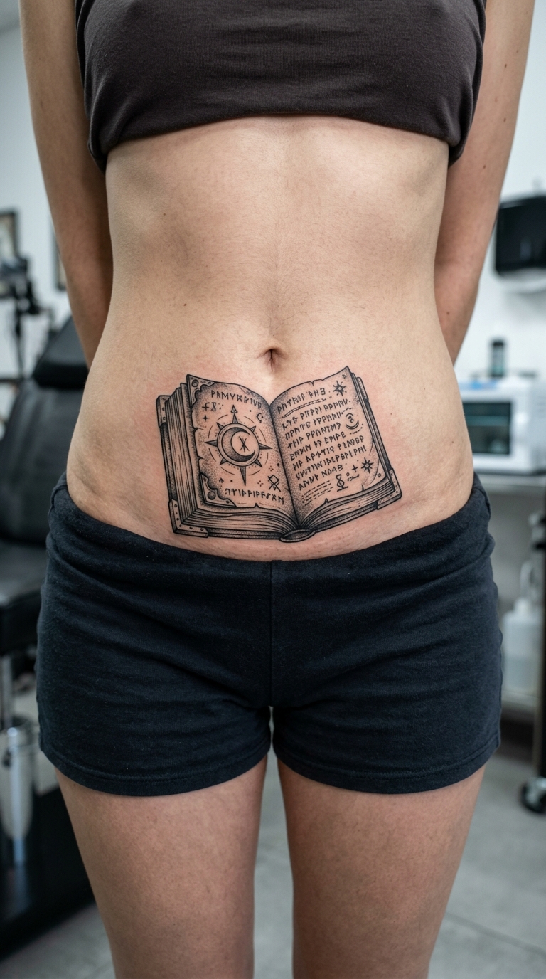 Altes Buch mit Runen als Zeichen und Symbol Tattoo für den Bauch