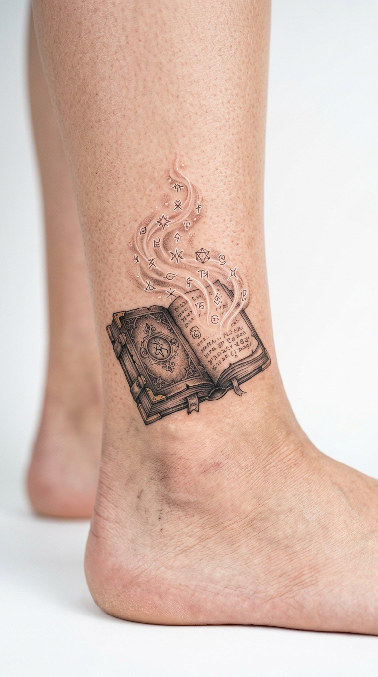 Altes Zauberbuch mit Runen als mystisches Tattoo für den Knöchel