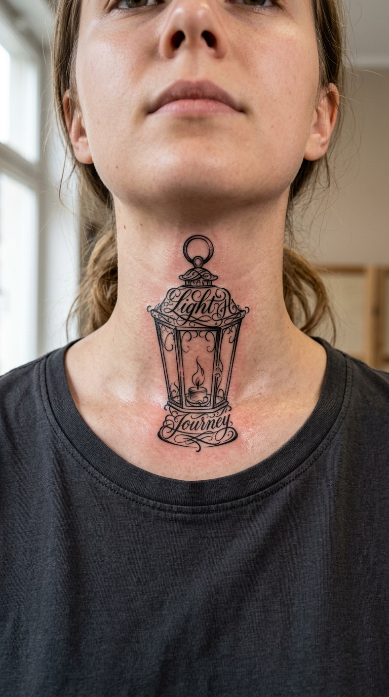 Antike Laterne als geschriebenes Schrift Tattoo für den Hals
