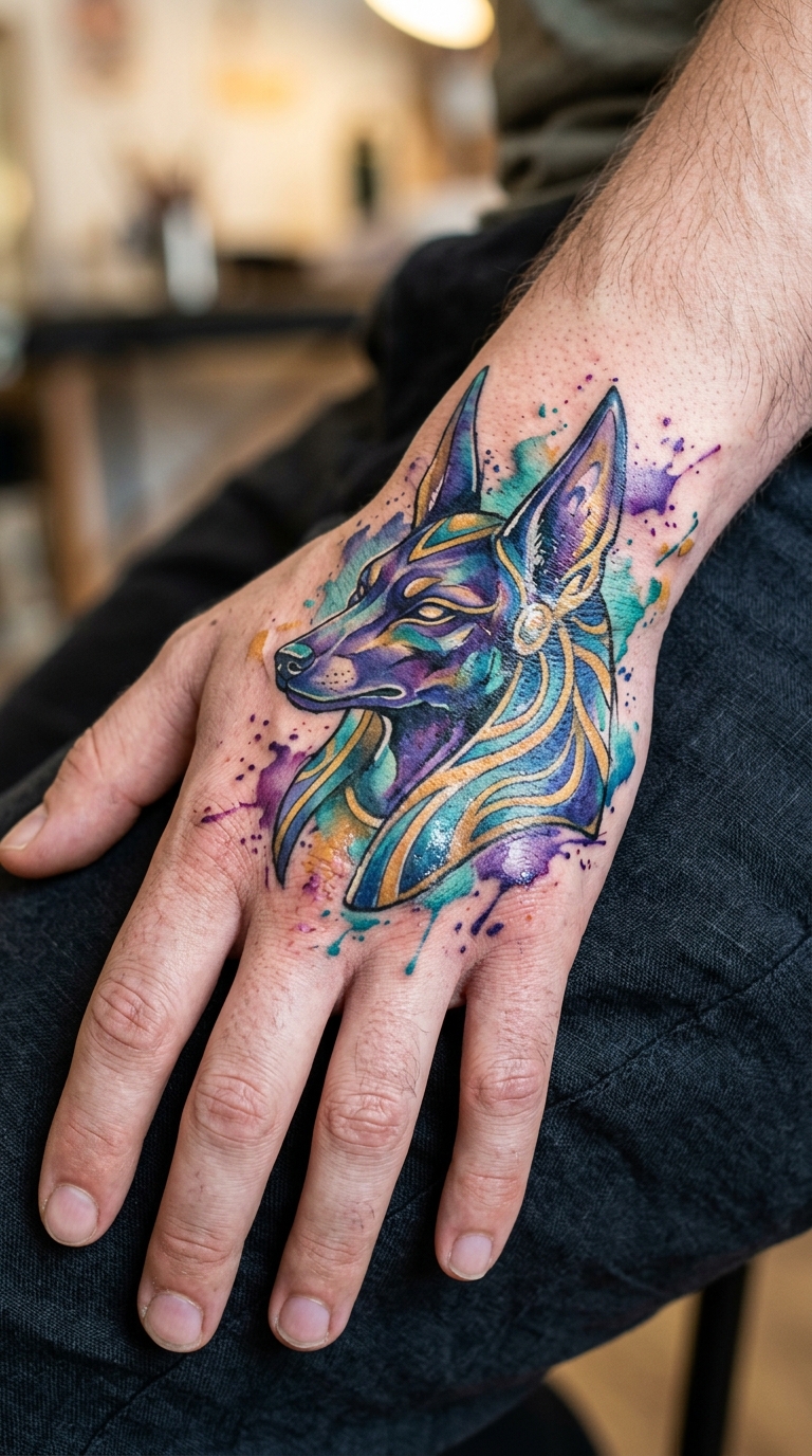 Anubis als farbenfrohes Aquarell Tattoo für die Hand