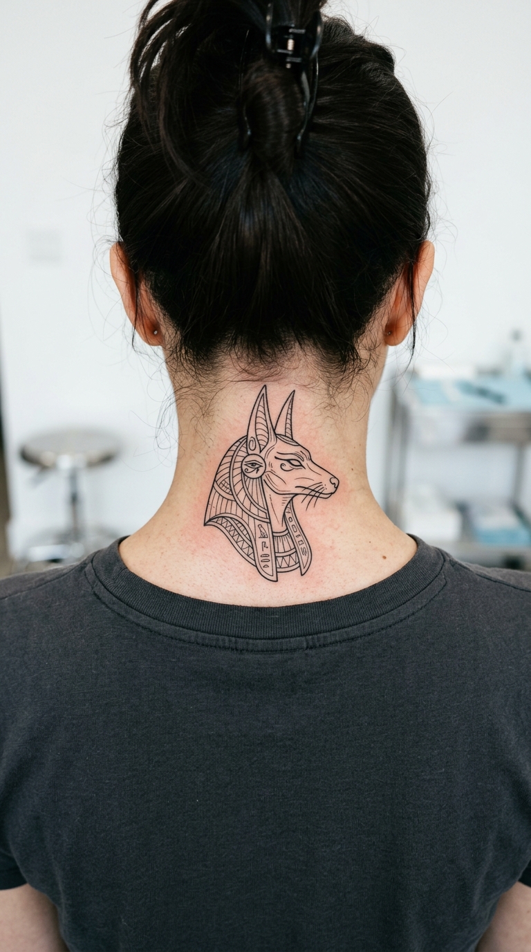 Anubis als filigrane Fineline Zeichnung für den Nacken