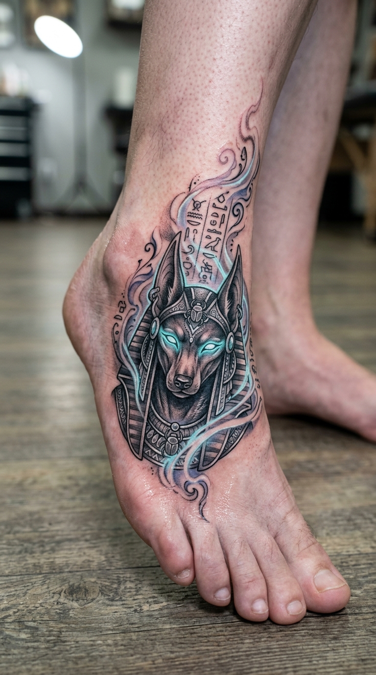 Anubis als mystisches Fantasy Tattoo für den Fuß