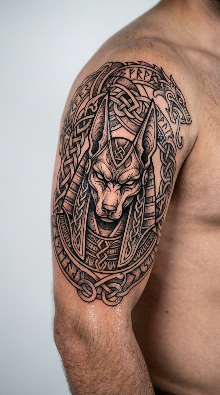 Anubis im Wikinger und Celtic Stil als Tattoo Idee für den Arm