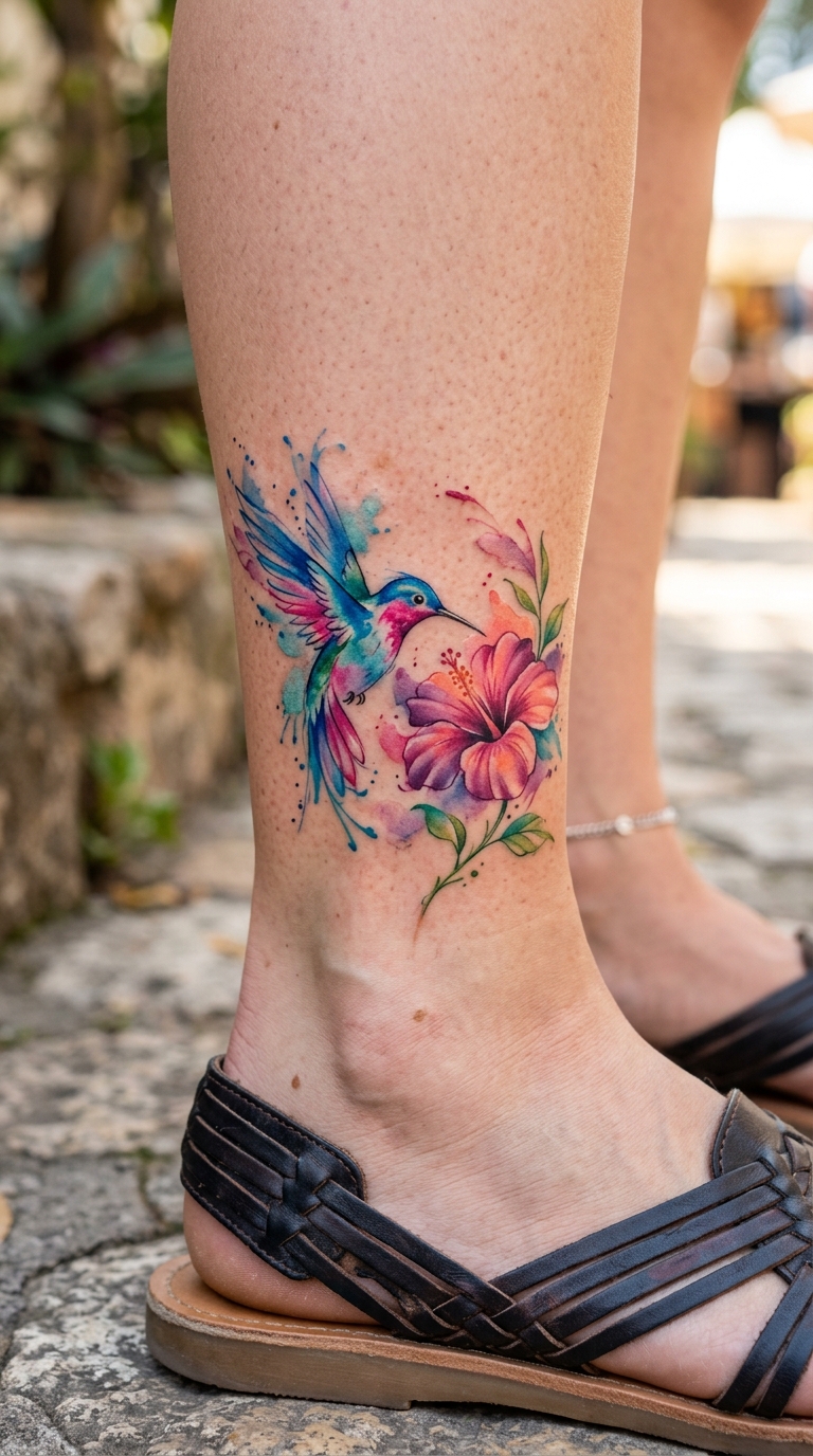 Aquarell Tattoo Idee Kolibri an Blüte für den Knöchel