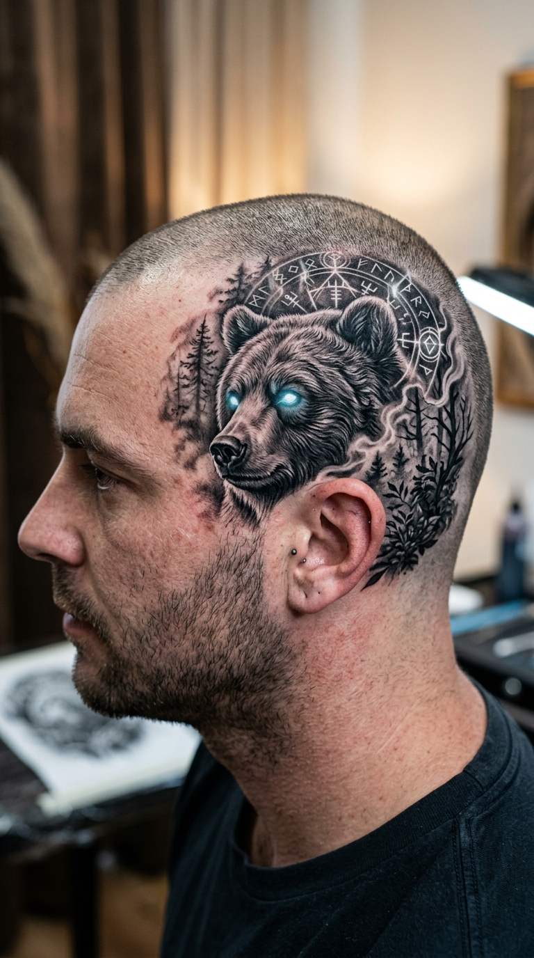 Bär im Nebelwald Tattoo Idee für den Kopf