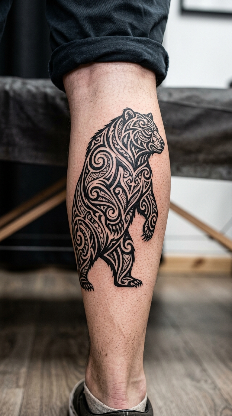 Bär im Tribal Stil als Tattoo Vorlage für das Bein