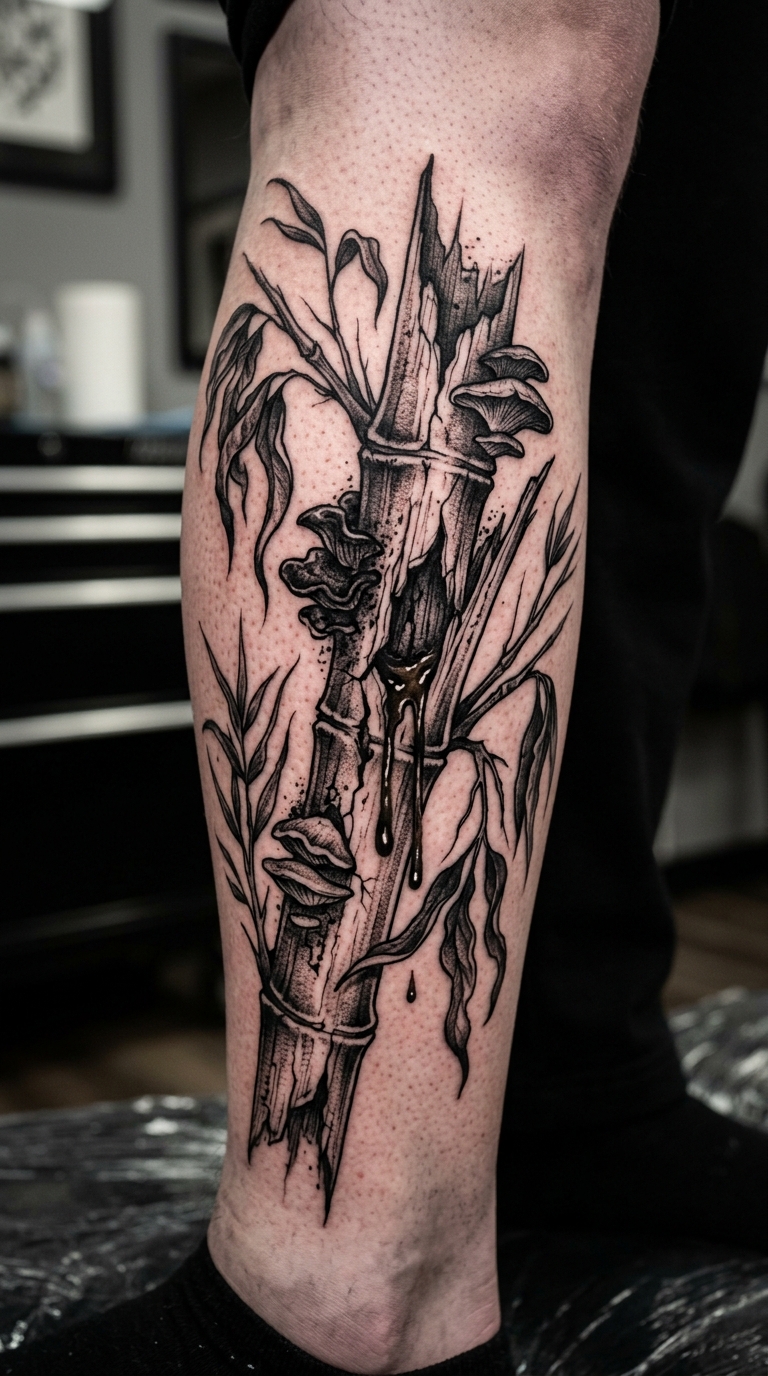 Bambus im Verfall als Horror Tattoo Vorlage für das Bein