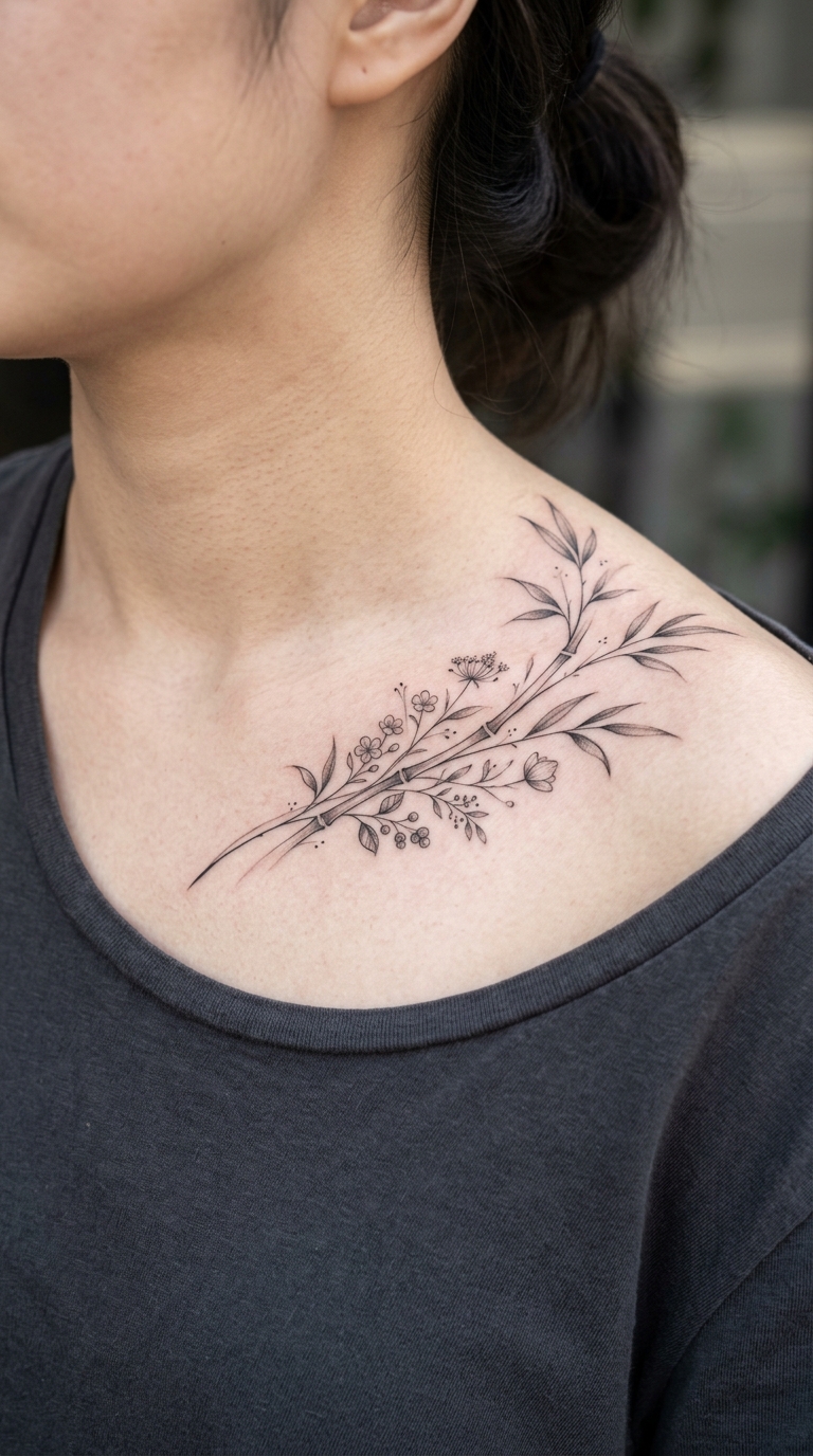 Bambusranken Tattoo Design für das Schlüsselbein