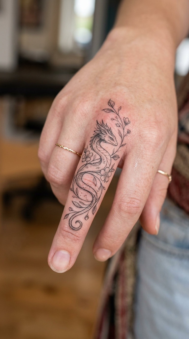 Basilisk als florales Tattoo für den Finger