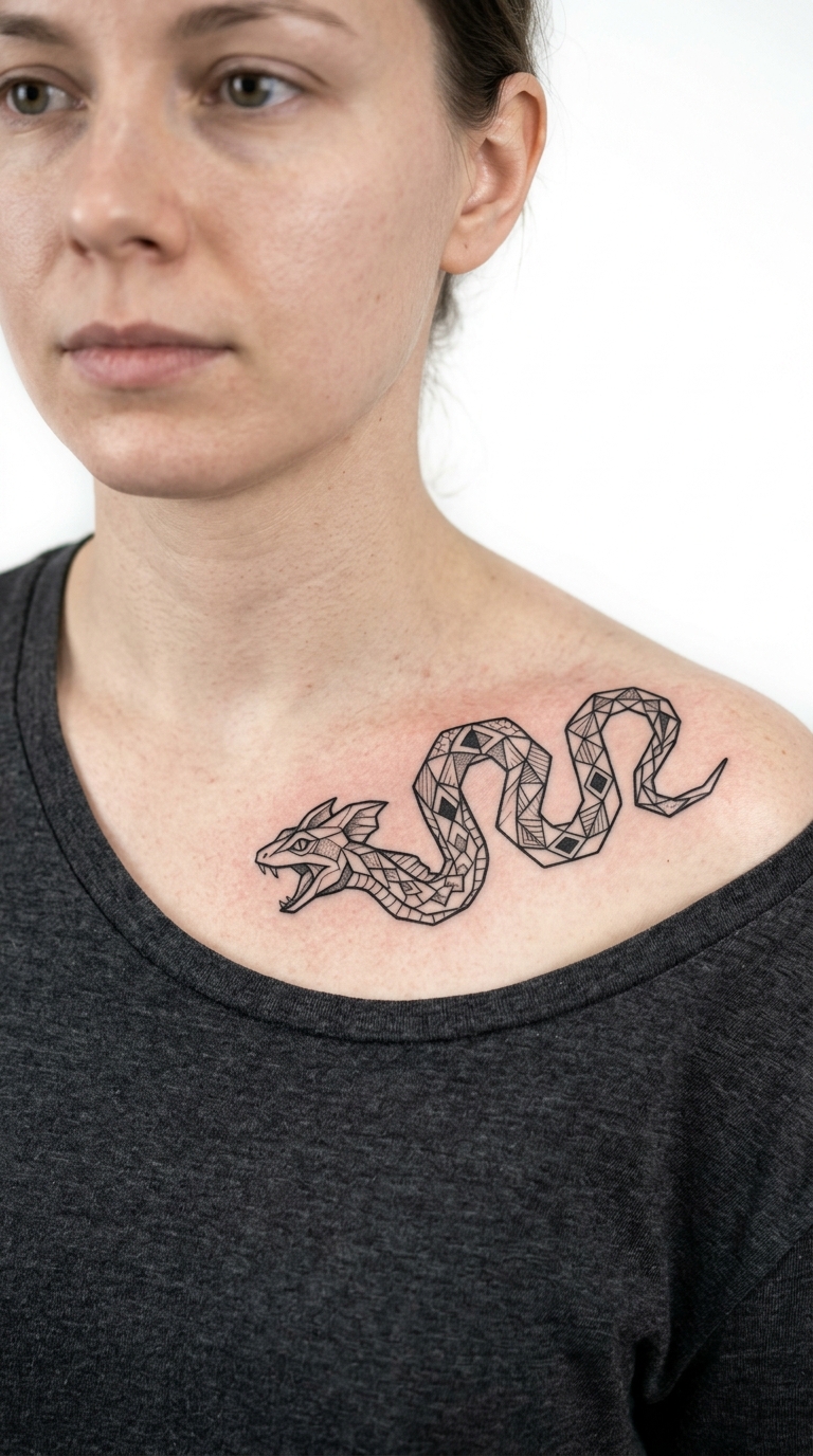 Basilisk als geometrische Tattoo Vorlage für das Schlüsselbein