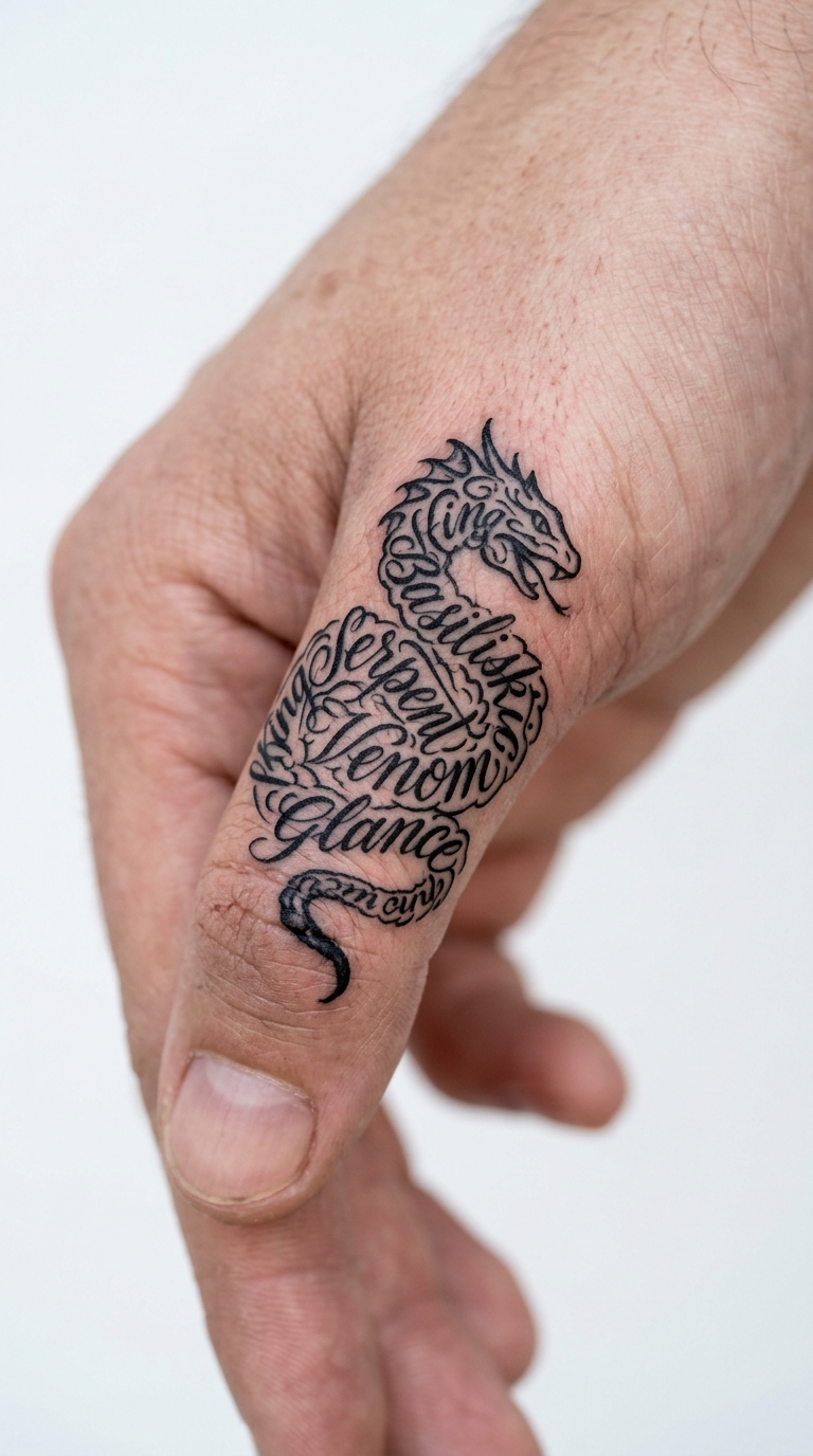 Basilisk als kunstvolles Schrift Tattoo für den Finger