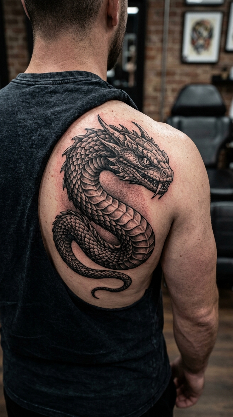 Basilisk als Realistic Tattoo auf dem Rücken