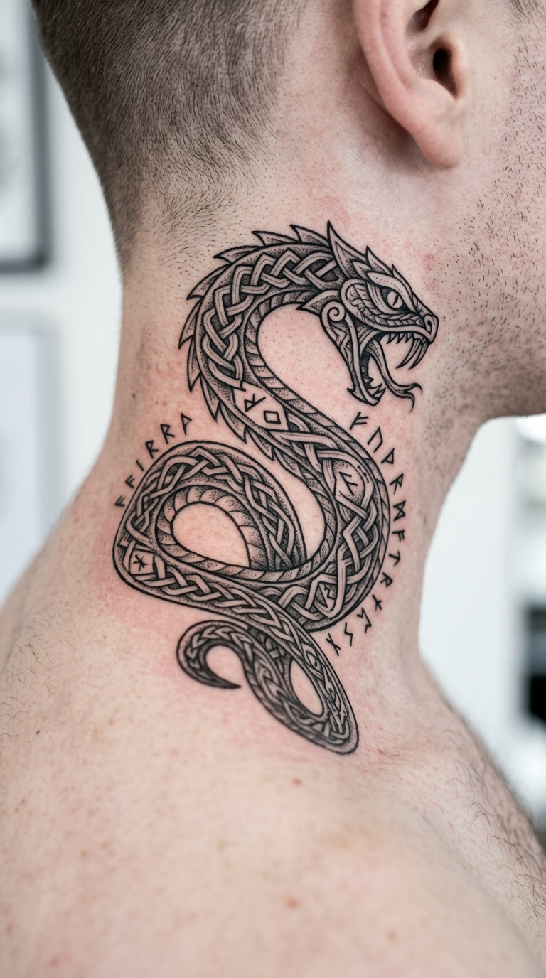 Basilisk Tattoo im Wikinger und Celtic Stil für den Nacken