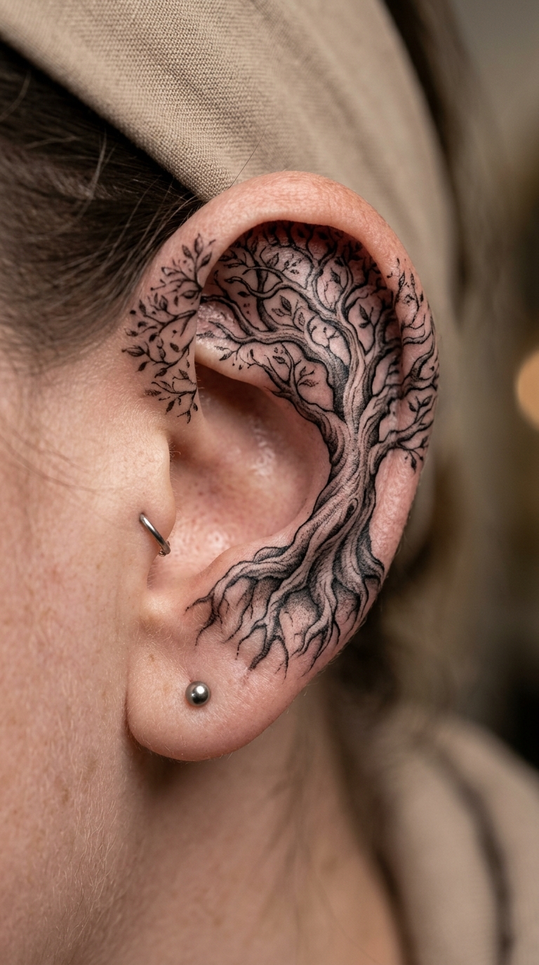 Baum des Lebens als 3D Tattoo Idee für das Ohr