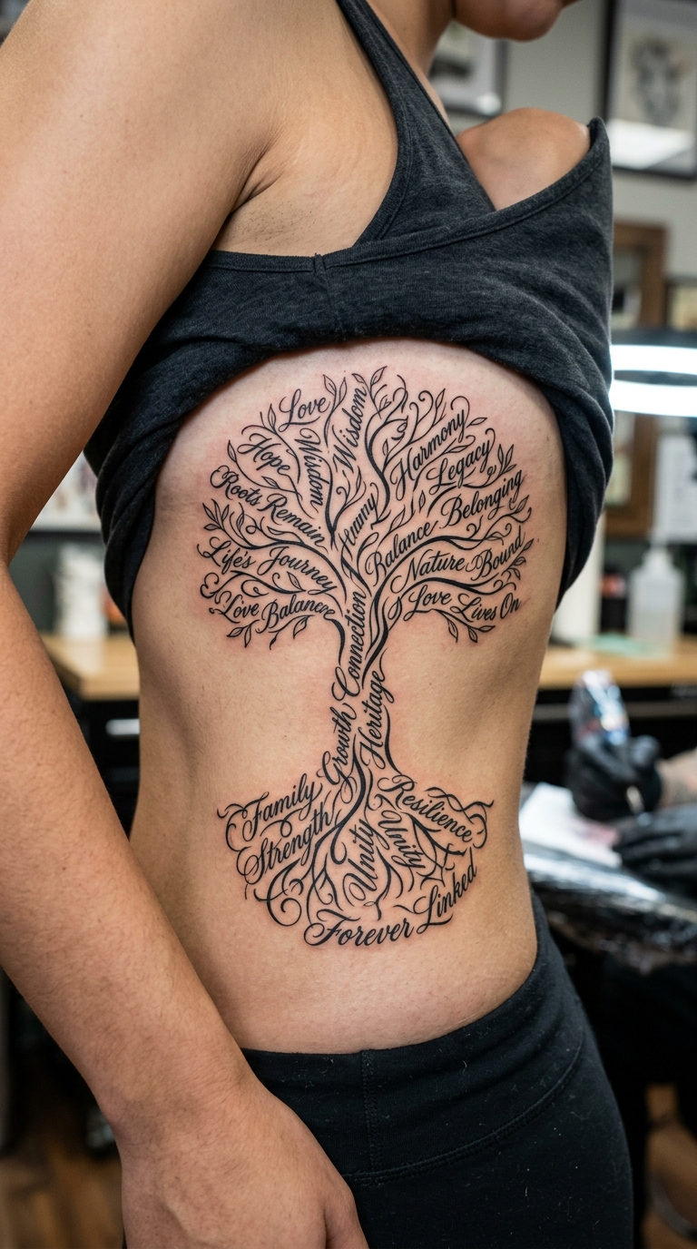 Baum des Lebens als geschwungenes Schrift Tattoo auf den Rippen
