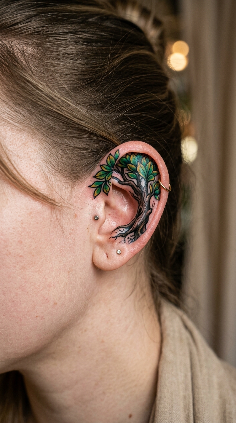 Baum des Lebens als Neo Traditional Tattoo für das Ohr
