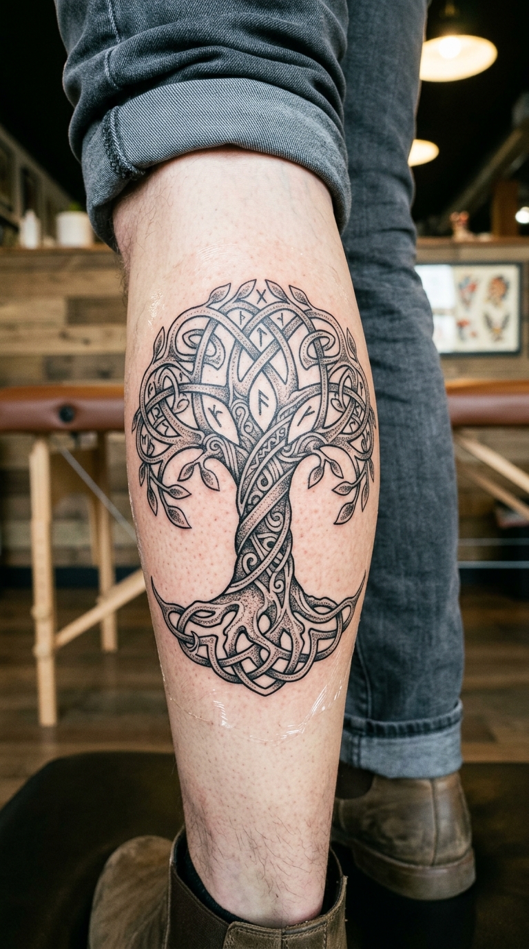 Baum des Lebens als Wikinger und Celtic Tattoo für das Bein