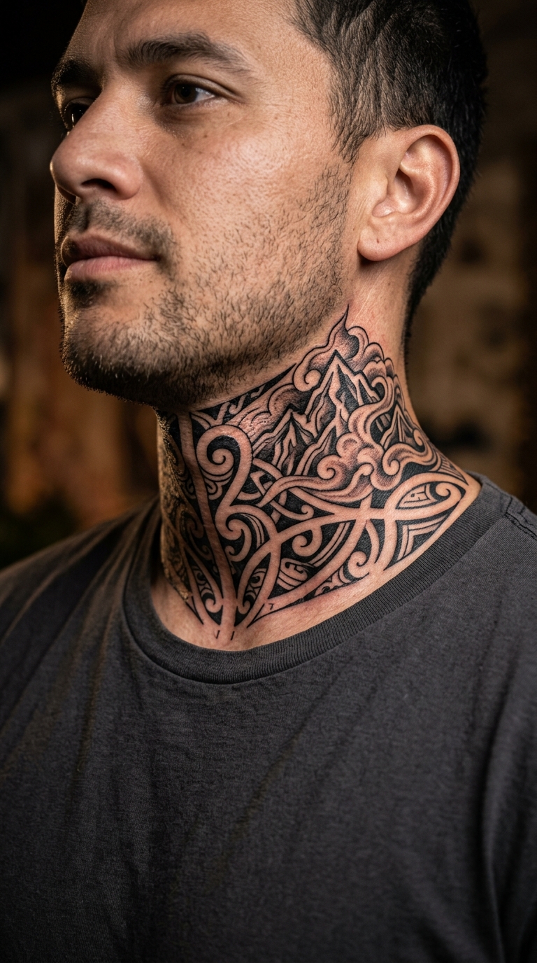 Bergkette im Nebel als Maori Tattoo Vorlage für den Hals