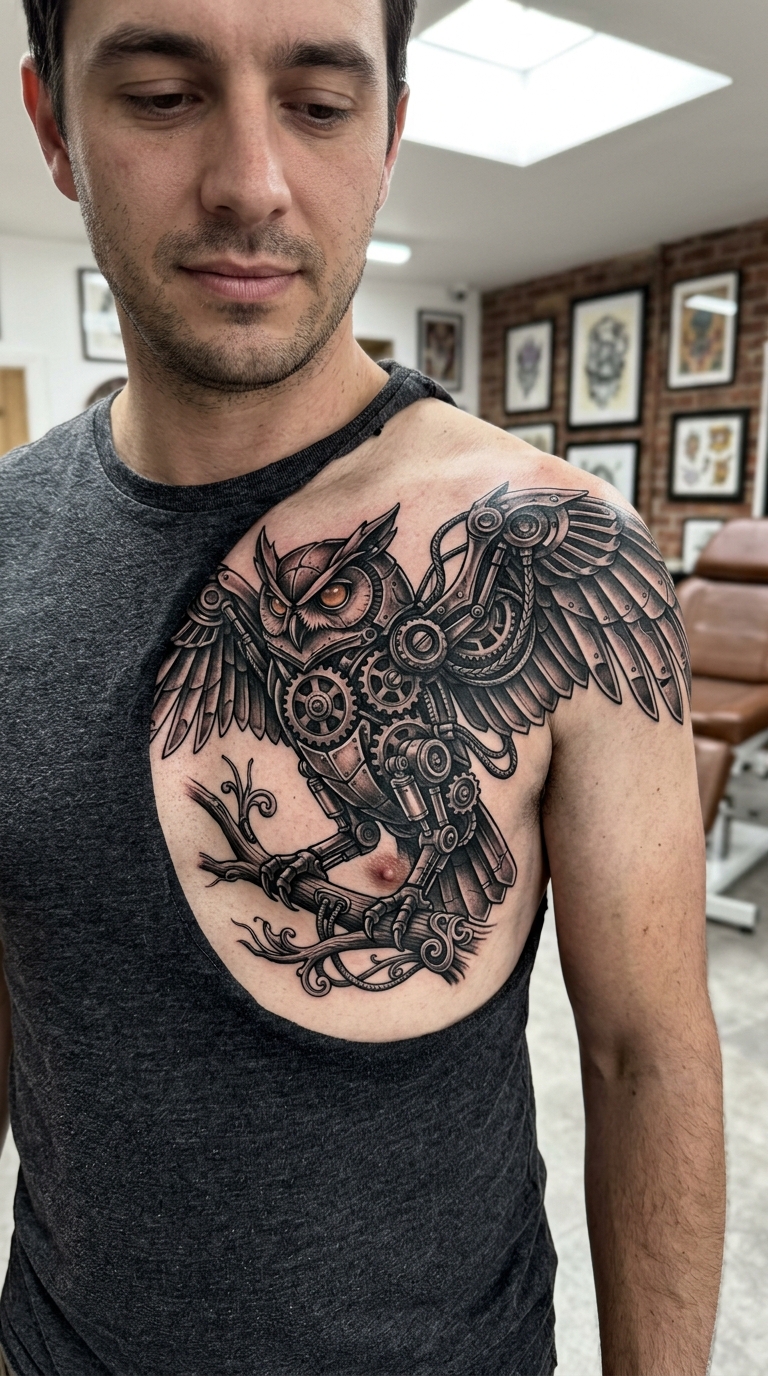 Biomechanische Eule als Tattoo Idee für Brust & Oberkörper