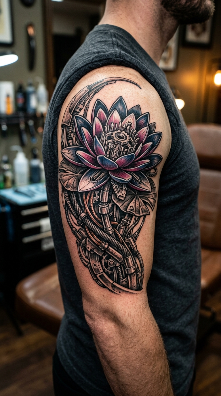 Biomechanische Seerose als Tattoo Vorlage für den Oberarm