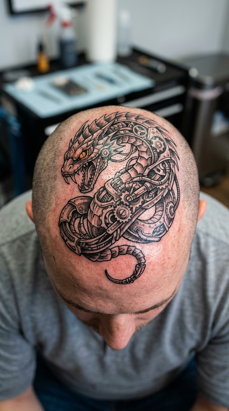 Biomechanischer Basilisk als Tattoo Idee für den Kopf