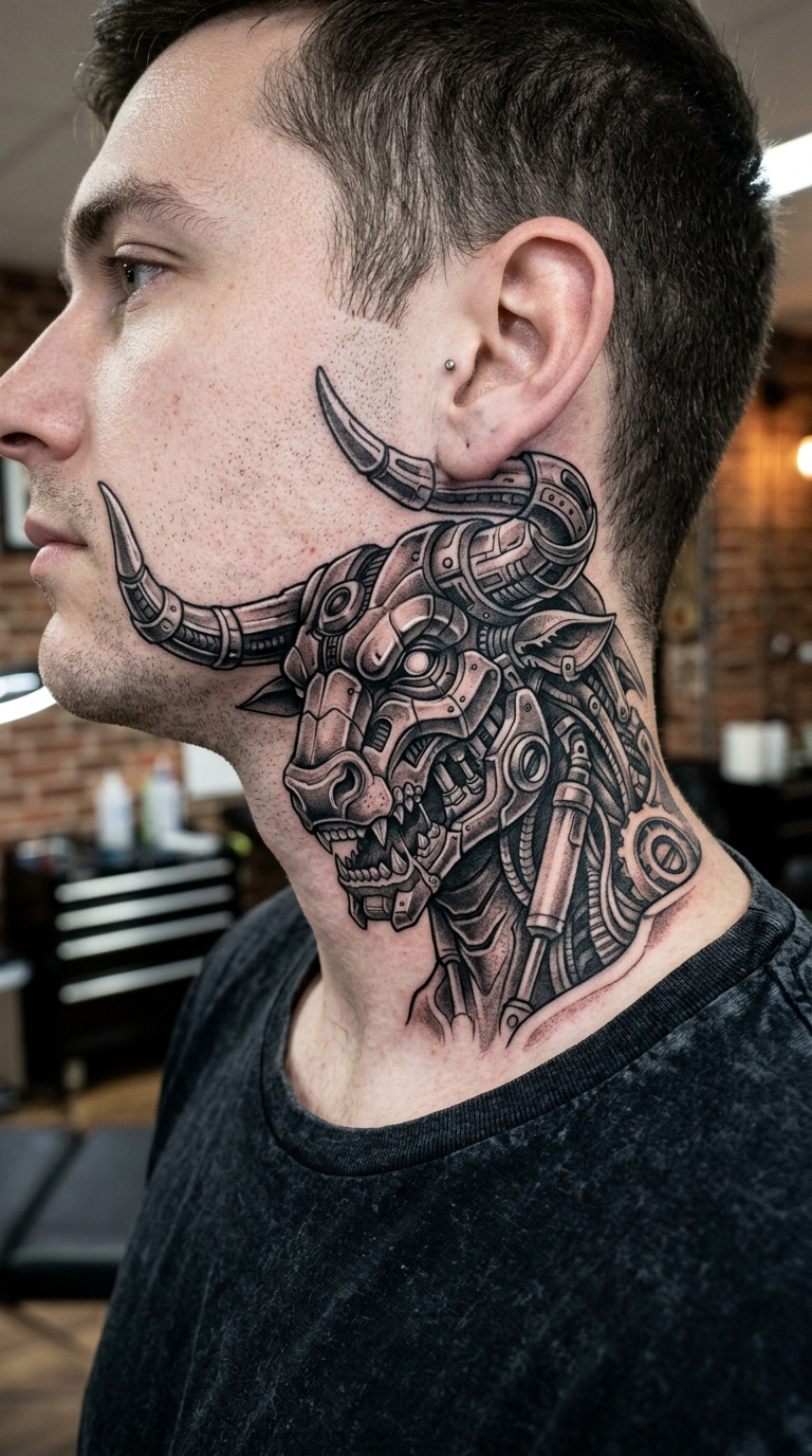 Biomechanischer Minotaurus als Tattoo Idee für den Hals