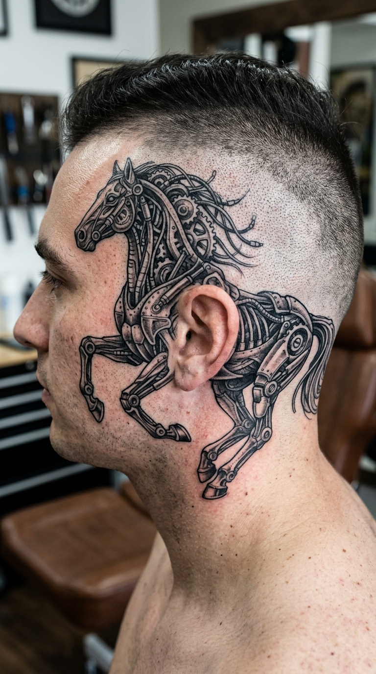 Biomechanisches Pferd Tattoo Vorlage für den Kopf