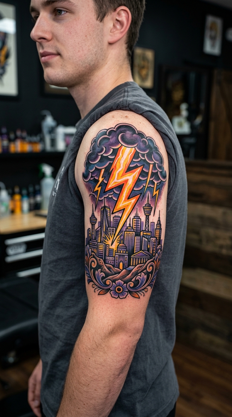Blitz über nächtlicher Stadt als Neo Traditional Tattoo für den Oberarm