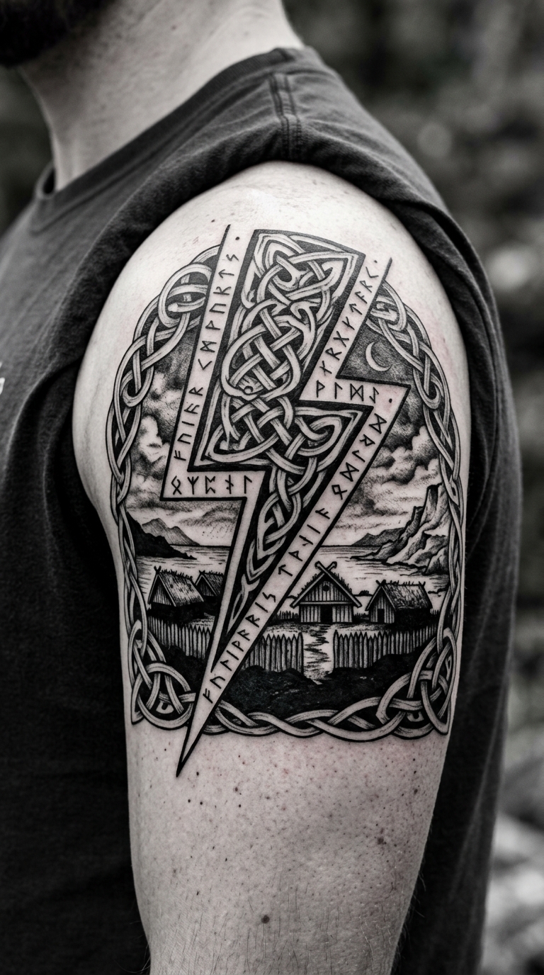 Blitzschlag über alten Runen als Wikinger und Celtic Tattoo für die Schulter