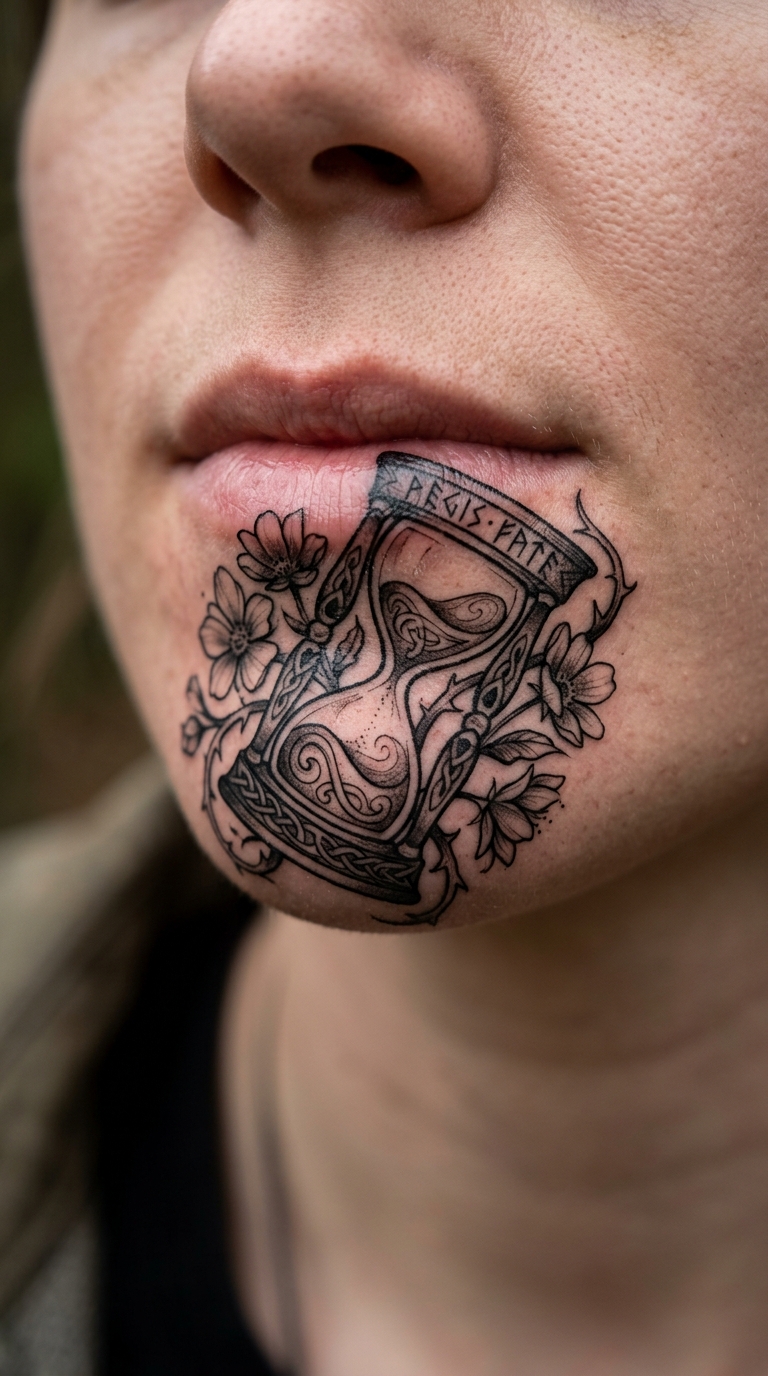 Blühende Sanduhr als Wikinger und Celtic Tattoo für die Unterlippe