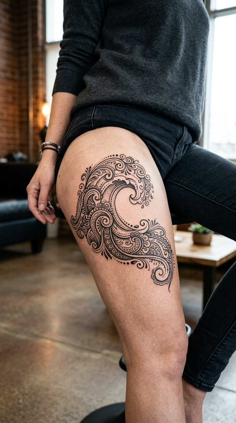 Brechende Welle als Henna Tattoo Vorlage für den Oberschenkel