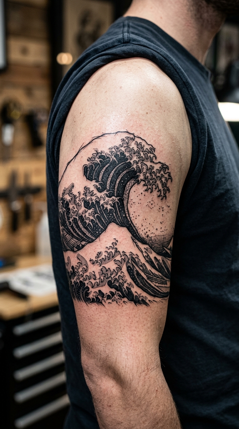 Brechende Welle als kreuz und quer Tattoo für den Oberarm