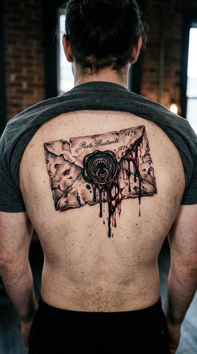 Briefumschlag mit Wachssiegel als düstere Horror Tattoo Vorlage für den Rücken