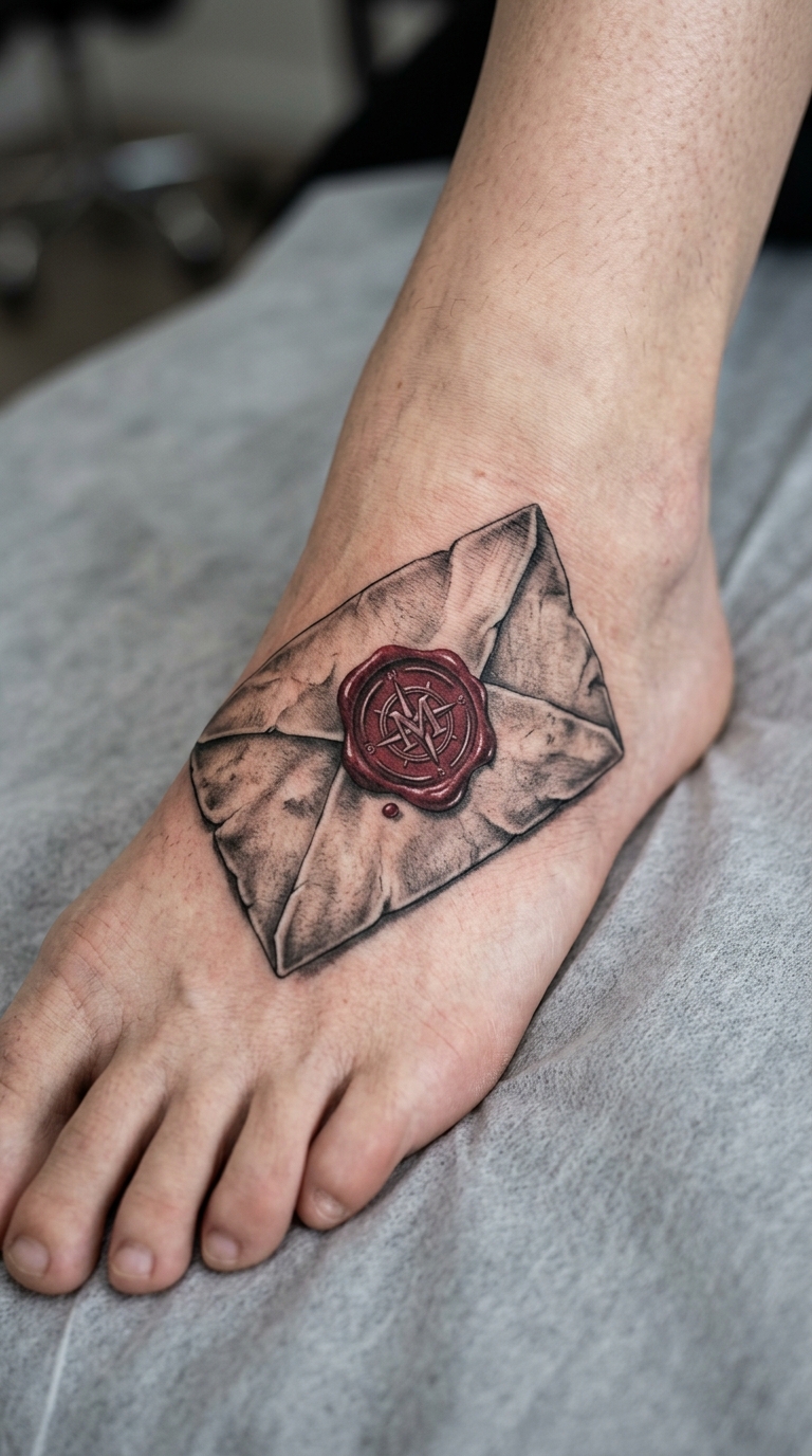 Briefumschlag mit Wachssiegel Tattoo Idee für den Fuß