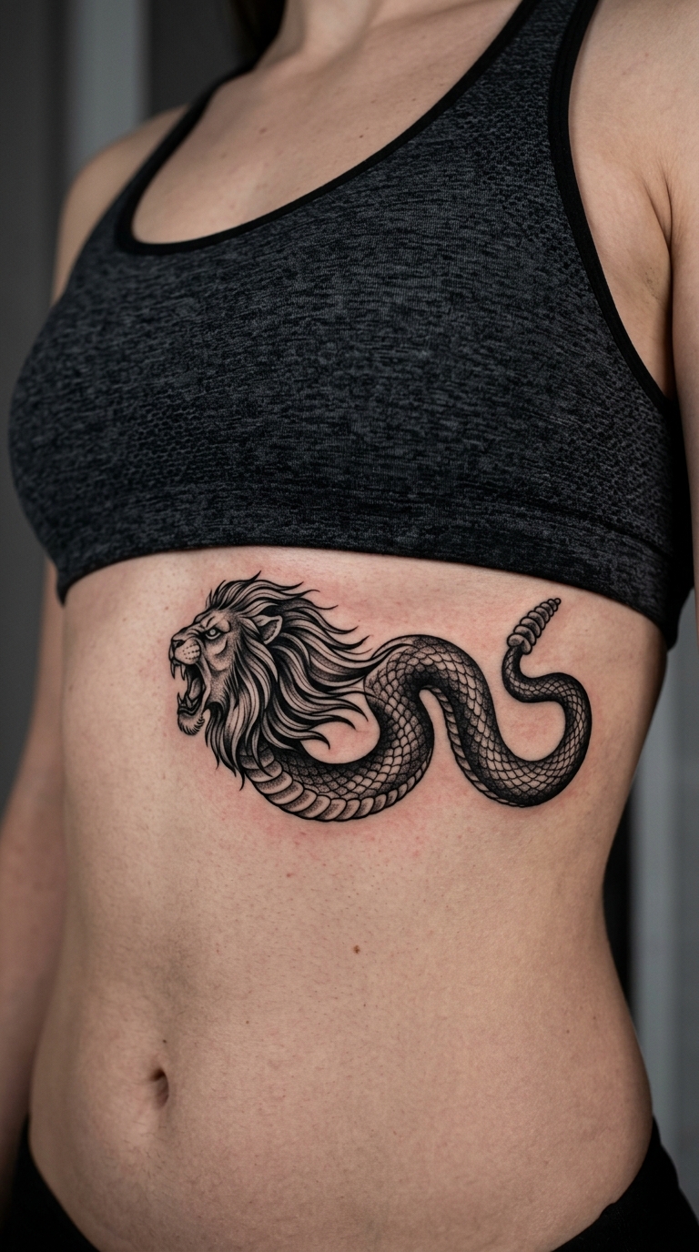 Chimäre als Cover up Tattoo Idee für den Underboob