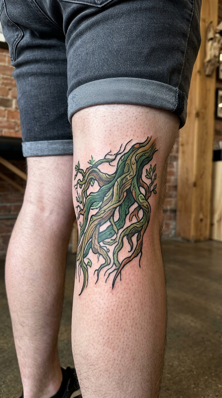Comic Tattoo mit Baumwurzeln für die Kniekehle