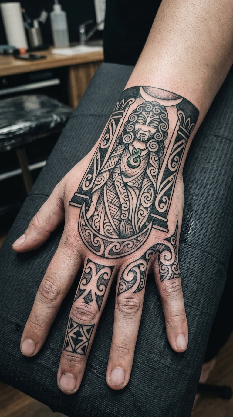 Die Hohepriesterin als Maori Tattoo für die Hand