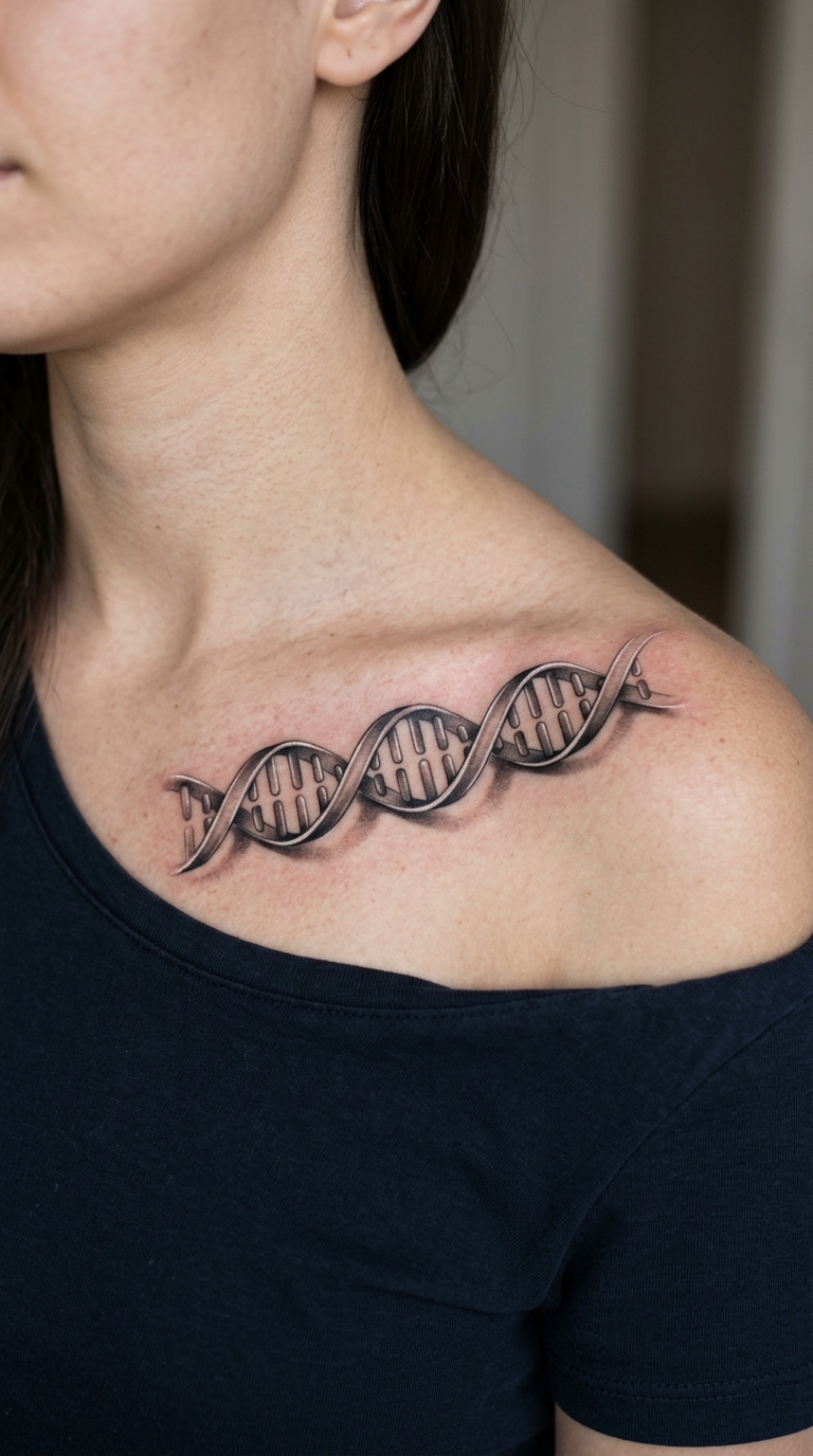 DNA Strang als 3D Tattoo Idee für das Schlüsselbein